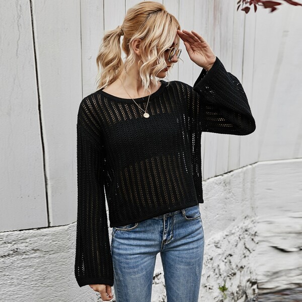 

Drop Shoulder Pointelle Knit Sweater, Black