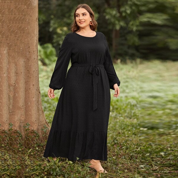 

Plus Swiss Dot Ruffle Hem Belted Dress, Black