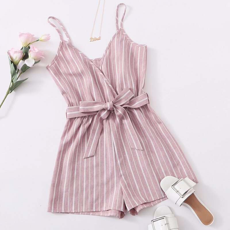 

Striped Wrap Tie Front Cami Romper, Dusty pink