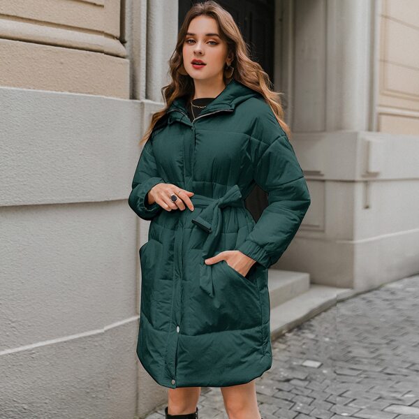 

Drop Shoulder Hooded Belted Puffer Coat, Dark green