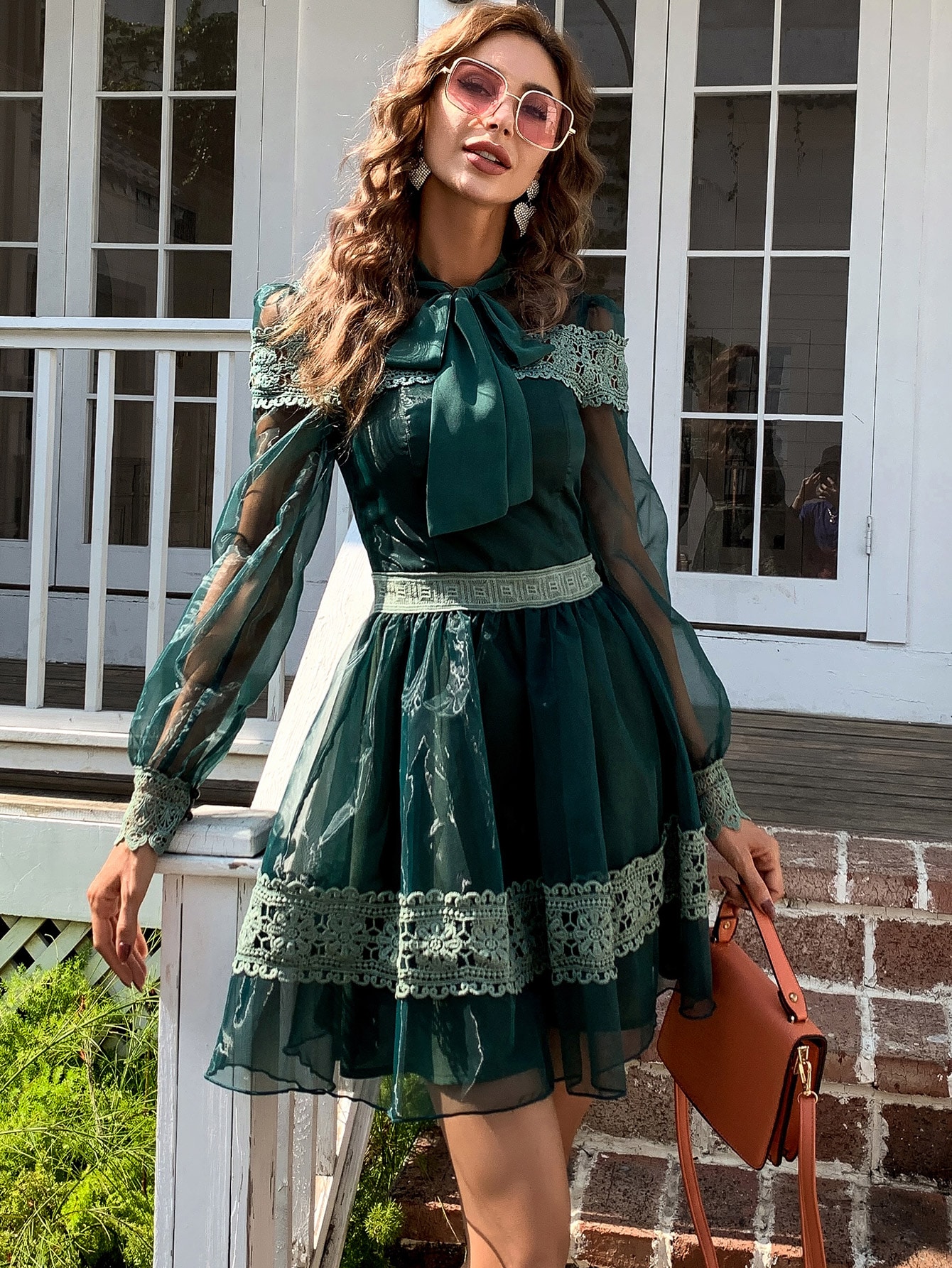 Tie Neck Guipure Lace Insert Organza Dress thumbnail