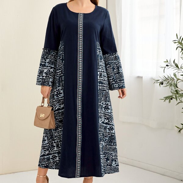 

Plus Floral Tape Tunic Dress, Navy blue