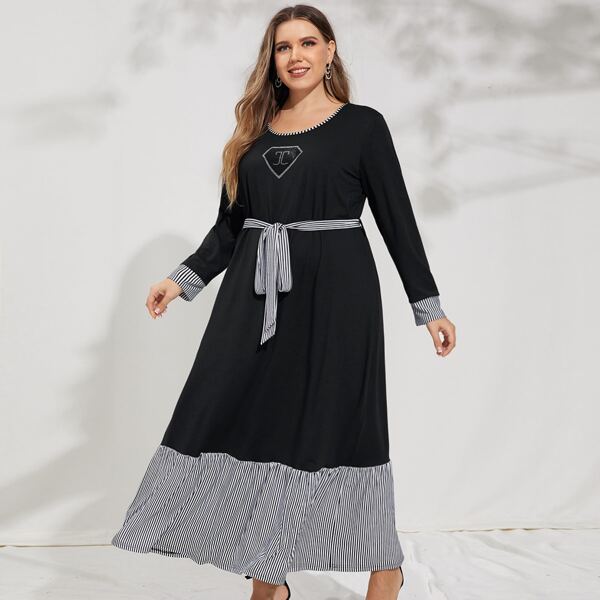 

Plus Striped Panel Belted Dress, Black