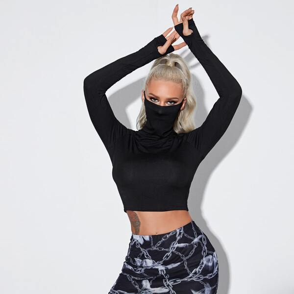 

Solid Crop Tee With Neck Gaiter, Black