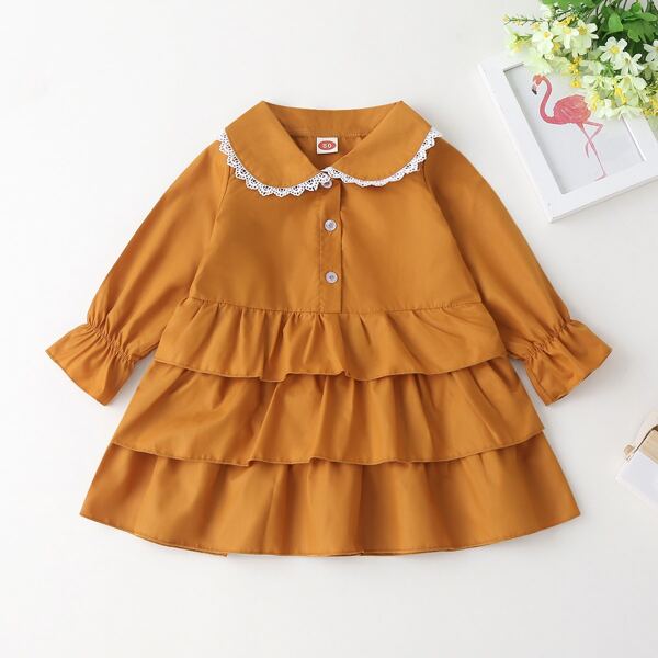 

Baby Girl Lace Trim Layered Ruffle Hem Shirt Dress, Mustard yellow