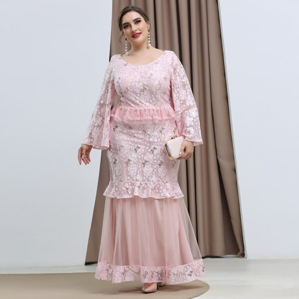 

Plus Bell Sleeve Peplum Mermaid Formal Dress, Baby pink