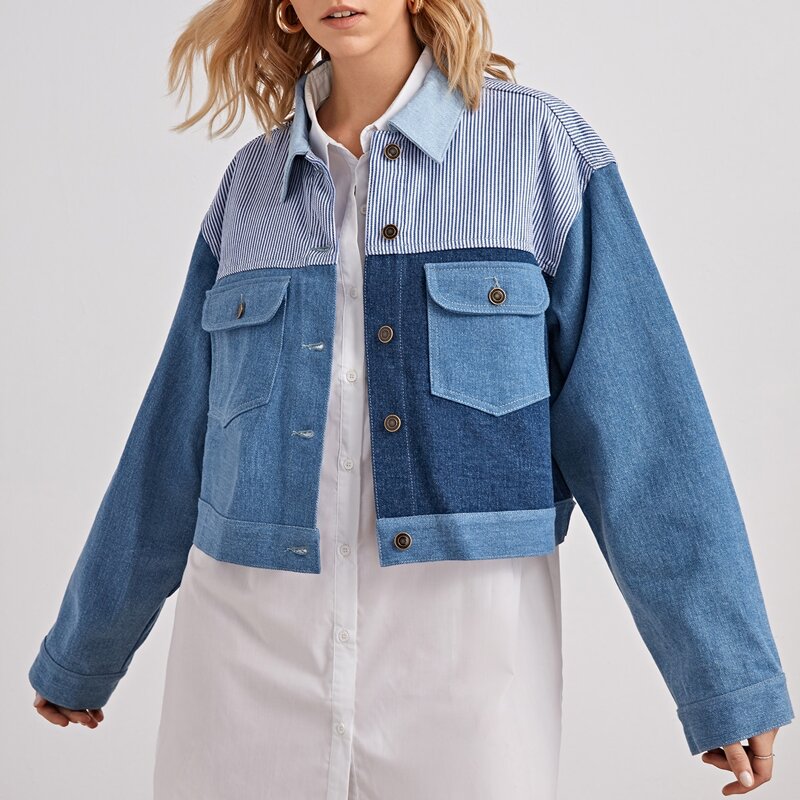

Flap Pocket Drop Shoulder Striped Colorblock Denim Jacket, Medium wash