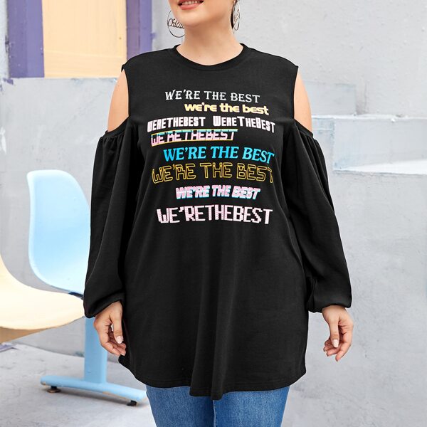 

Plus Slogan Graphic Open Shoulder Tee, Black