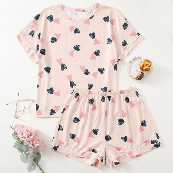 

Plus Heart Print Tee & Shorts Pajama Set, Baby pink