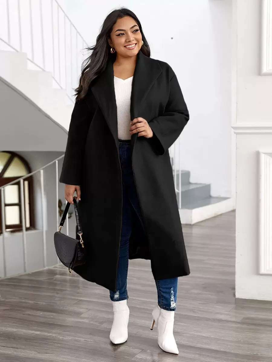 Plus Solid Shawl Collar Overcoat - Black - View 1