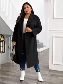 Plus Solid Shawl Collar Overcoat - Black - View 3