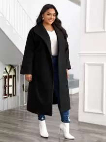 Plus Solid Shawl Collar Overcoat - Black - View 4