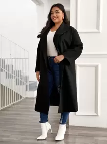 Plus Solid Shawl Collar Overcoat - Black - View 5