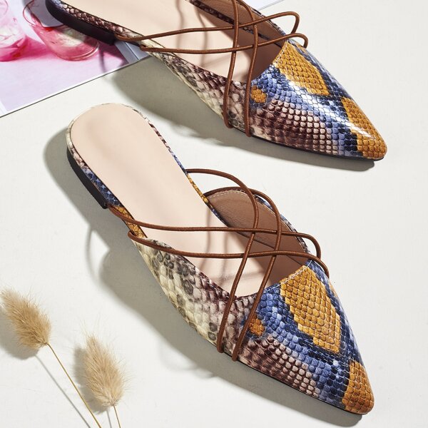 

Points Toe Snakeskin Print Mules, Multicolor
