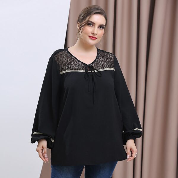 

Plus Contrast Lace Tie Neck Blouse, Black
