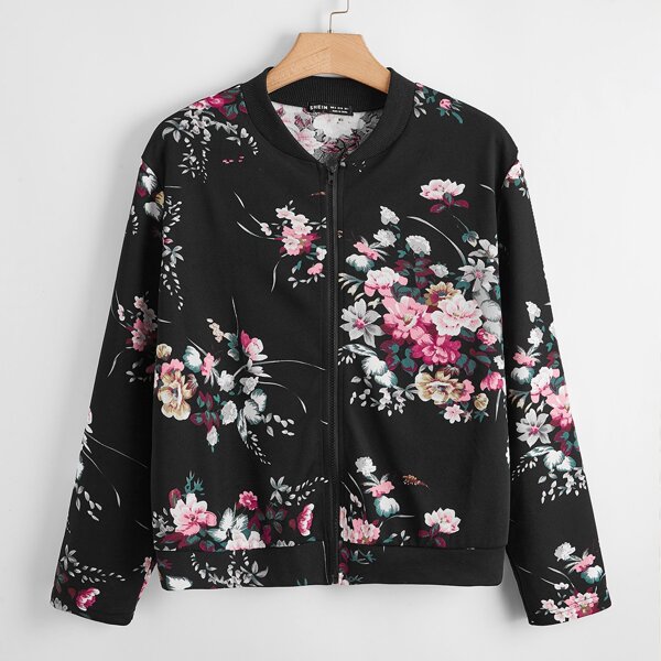 

Plus Floral Print Zip Up Bomber Jacket, Multicolor