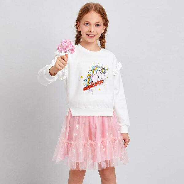 

Girls Unicorn Print Ruffle Trim Pullover and Mesh Skirt Set, Multicolor