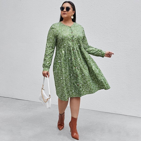 

Plus Allover Print Button Front Babydoll Dress, Green
