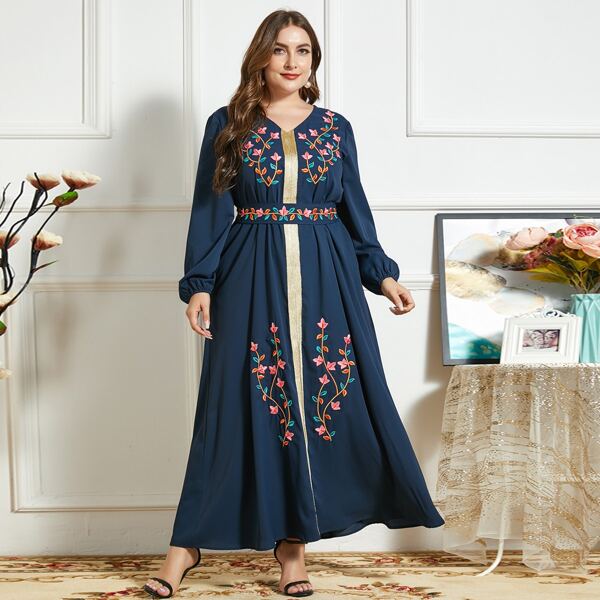 

Plus Floral Embroidery Belted Dress, Navy blue