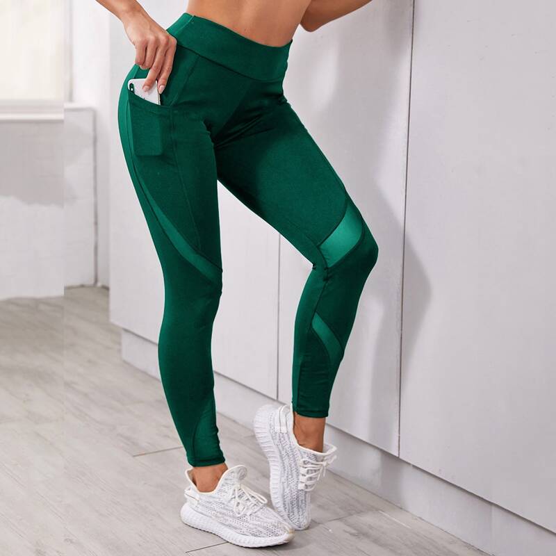 

Contrast Mesh Sports Leggings With Phone Pocket, Dark green