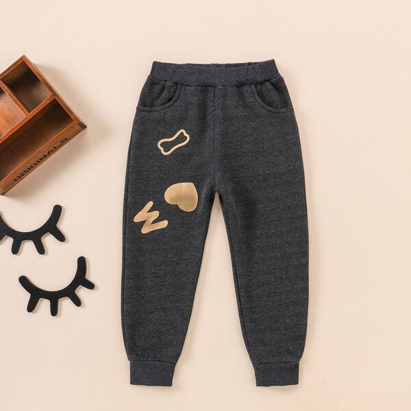 

Girls Heart & Letter Graphic Pocket Sweatpants, Dark grey
