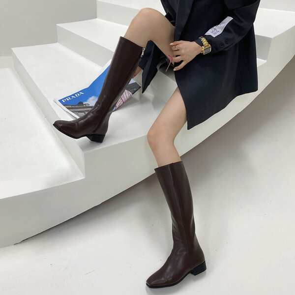 

Minimalist Zipper Side Flat Knee Boots, Brown