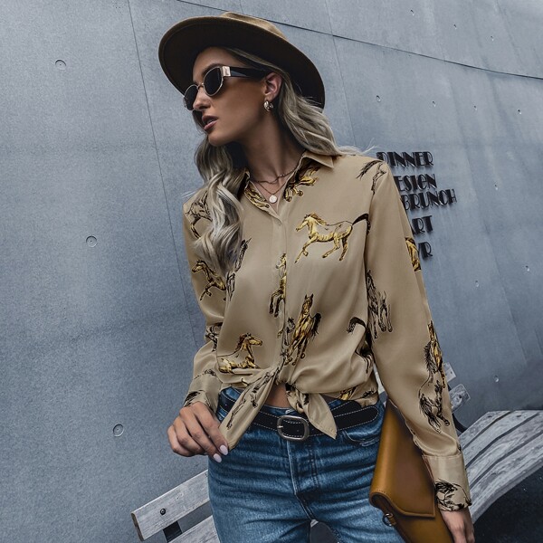 

Horse Print Button Front Blouse, Mocha brown