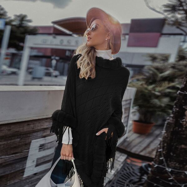 

Cable Knit Poncho Sweater, Black