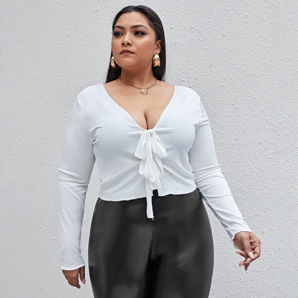

Plus Tie Front Rib-knit Top, White