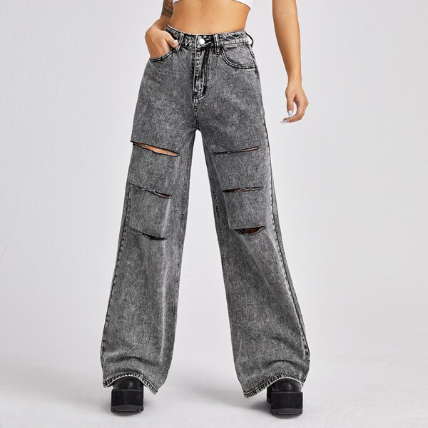 

High Waist Ripped Wide Leg Jeans, Grey