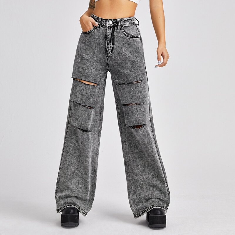

High Waist Ripped Wide Leg Jeans, Grey