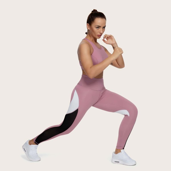 

Wide Waistband Fishnet Mesh Insert Stitch Detail Sports Leggings, Dusty pink