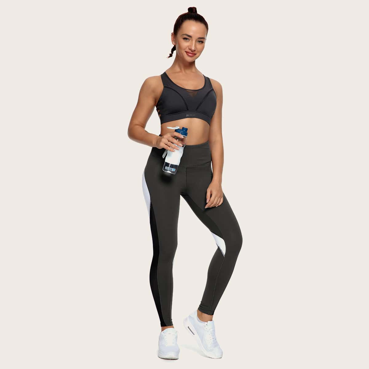 

Wide Waistband Fishnet Mesh Insert Stitch Detail Sports Leggings, Dark grey
