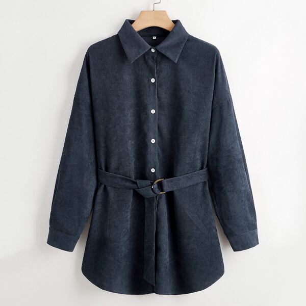 

Plus Corduroy Button Up Belted Blouse, Navy blue