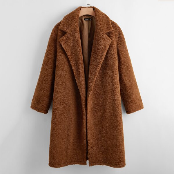 

Plus Solid Lapel Neck Teddy Coat, Brown