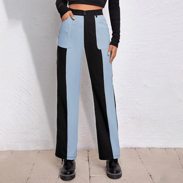 

Zipper Fly Two Tone Straight Leg Pants Without Belt, Multicolor