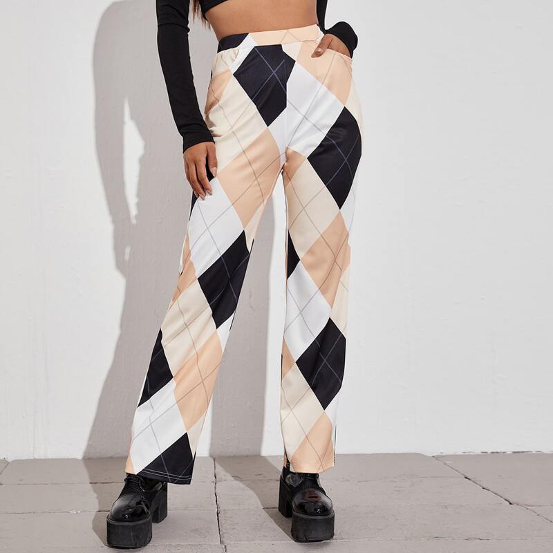 

High Waist Plaid Straight Leg Pants, Multicolor