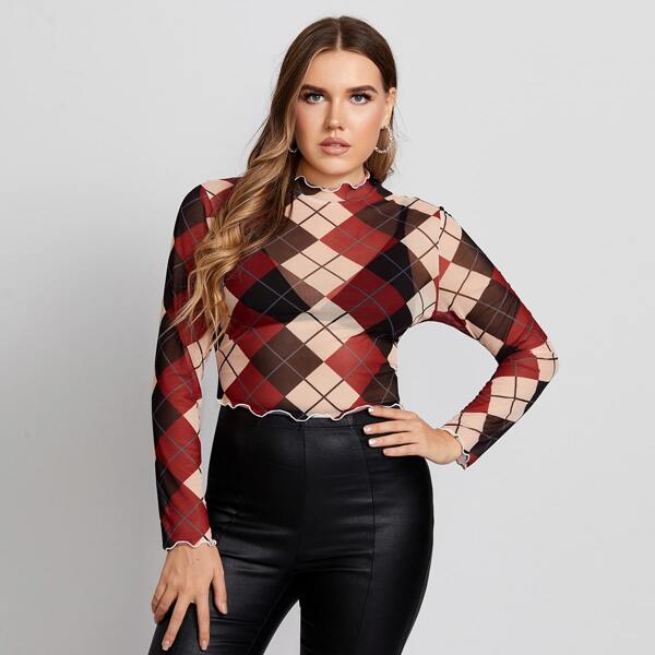 

Plus Lettuce Edge Argyle Mesh Top, Multicolor