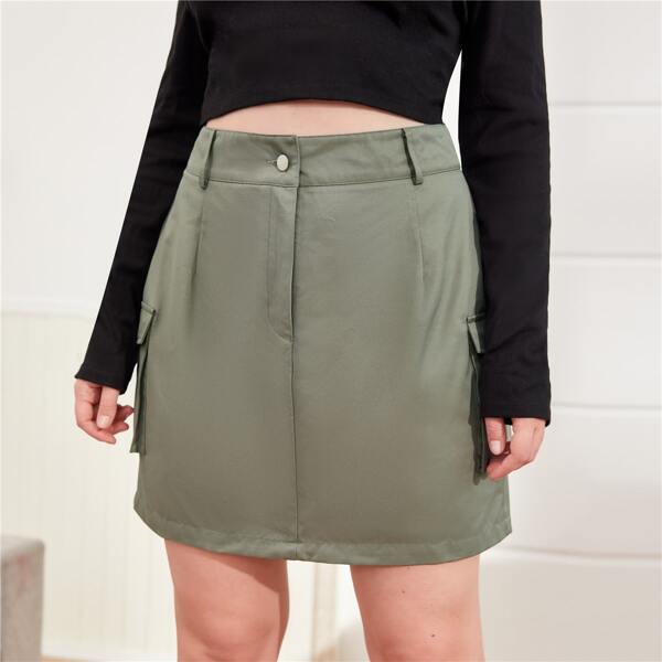 

Plus Pocket Detail High Waist Skirt, Army green