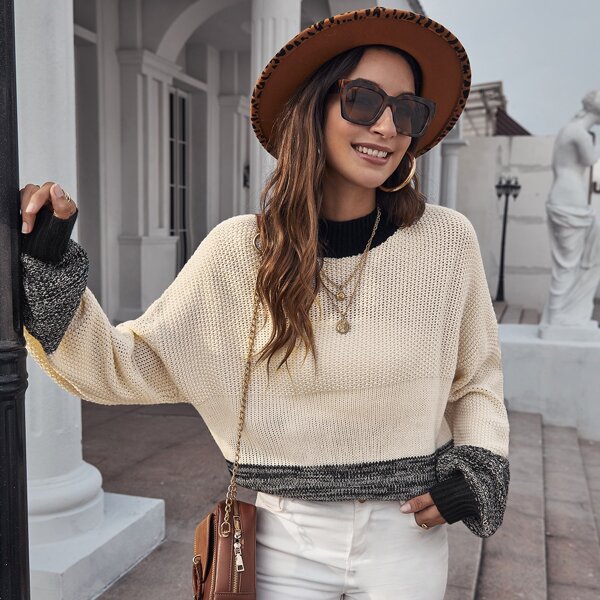 

Drop Shoulder Colorblock Sweater, Beige