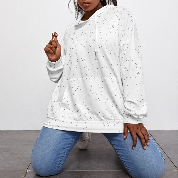 

Plus Drop Shoulder All Over Print Drawstring Hoodie, White