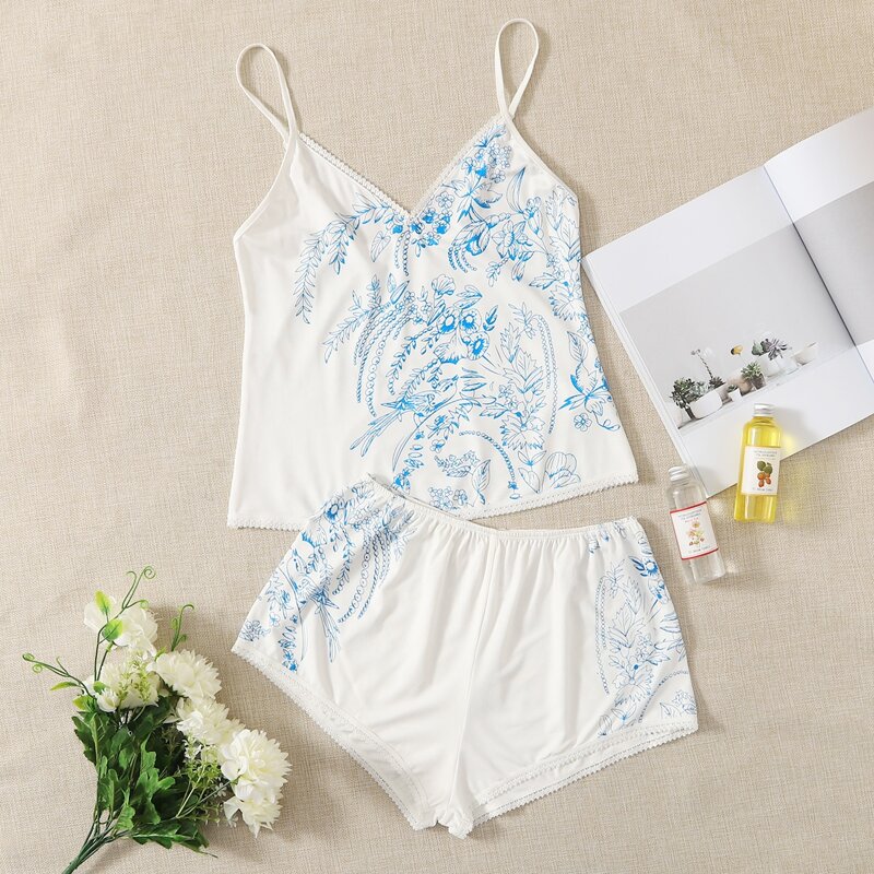 

Floral Print Lace Trim Cami & Shorts PJ Set, White