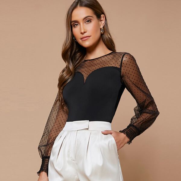 

Sweetheart Neckline Dobby Mesh Sleeve Top, Black