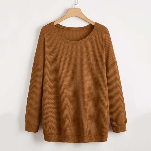 

Plus Drop Shoulder Waffle Knit Sweatshirt, Brown