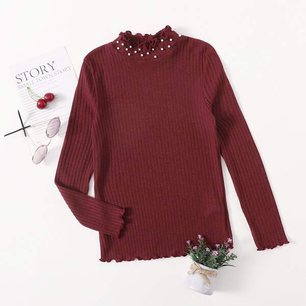 

Girls Pearl Beaded Lettuce Edge Tee, Maroon