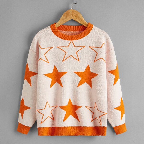 

Girls Star Pattern Drop Shoulder Sweater, Multicolor