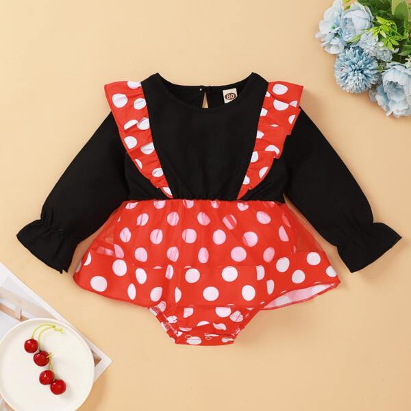 

Baby Girl Polka Dot Ruffle Trim Combo Bodysuit Dress, Multicolor