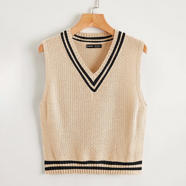 

V Neck Striped Pattern Sweater Vest, Apricot