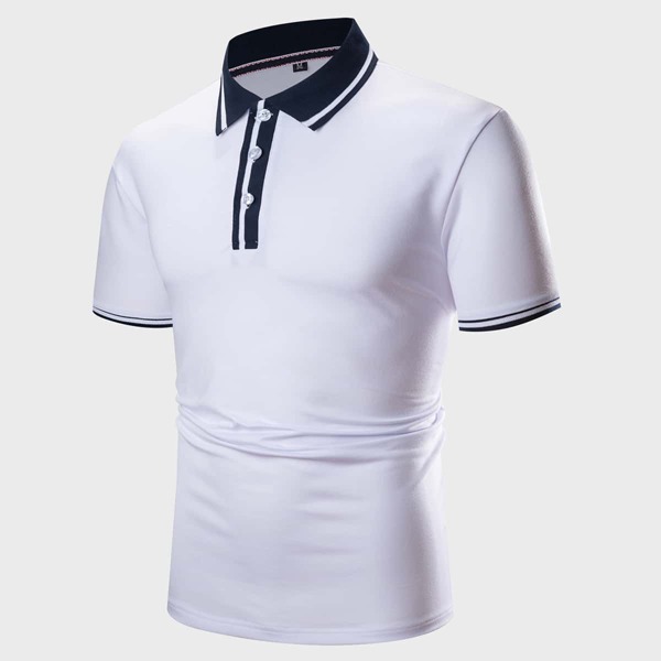 

Men Contrast Collar Button Front Polo Shirt, White