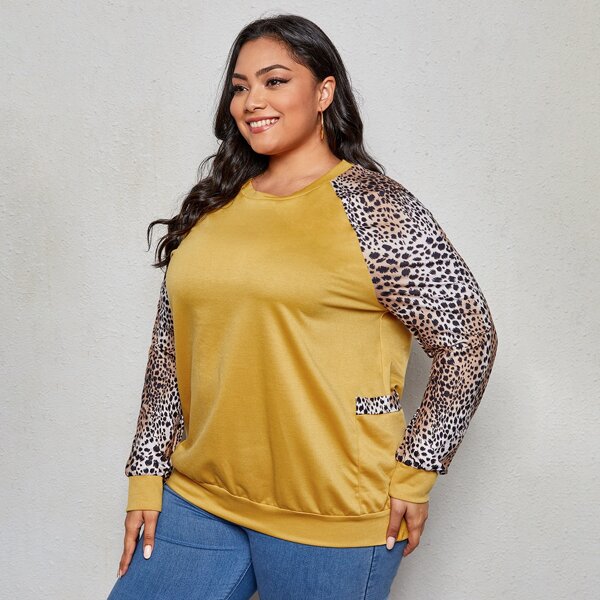 

Plus Leopard Panel Raglan Sleeve Sweatshirt, Multicolor